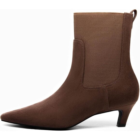 Women's Chocolate Ankle Low Kitten Heel Pointed Toe Slip On Dressy Winter Boots - Picture 2 of 4